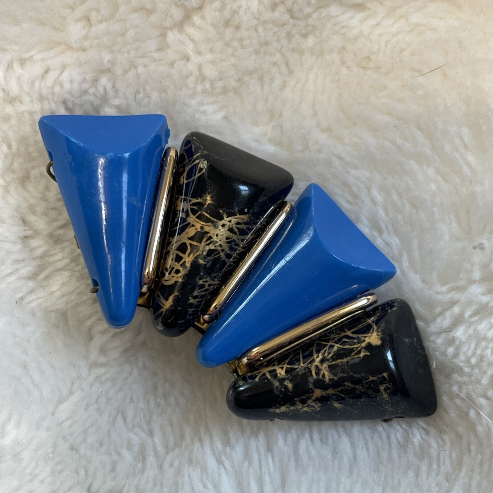 Western Germany Earrings VTG Signed Lucite Blue Black Gold Beaded Nice Clip Rare