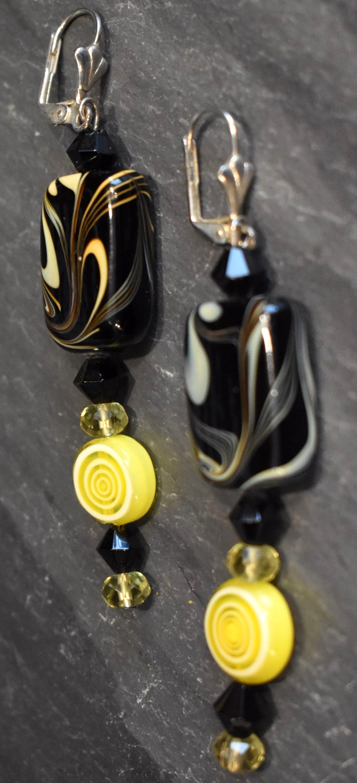 Handmade Swirl Glass Drop Earrings Black Gray Yellow