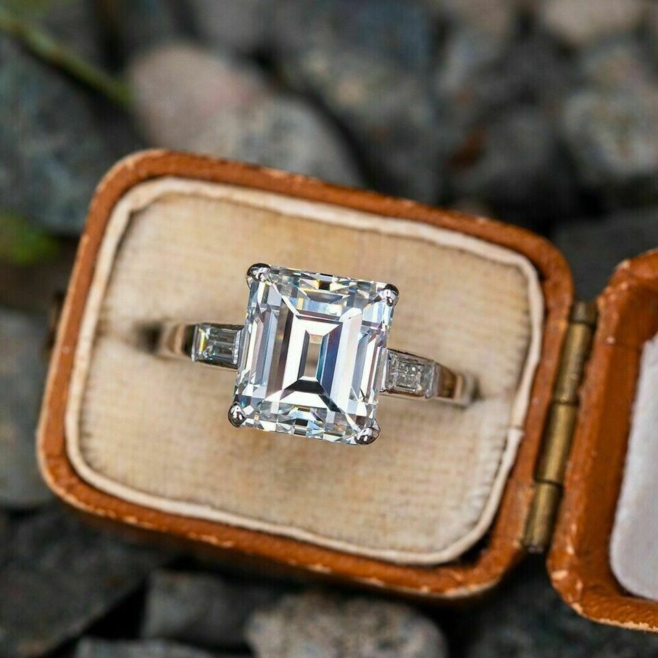 3Ct Emerald Cut Lab Created Diamond Womens Engagement Ring 14K White Gold Plated