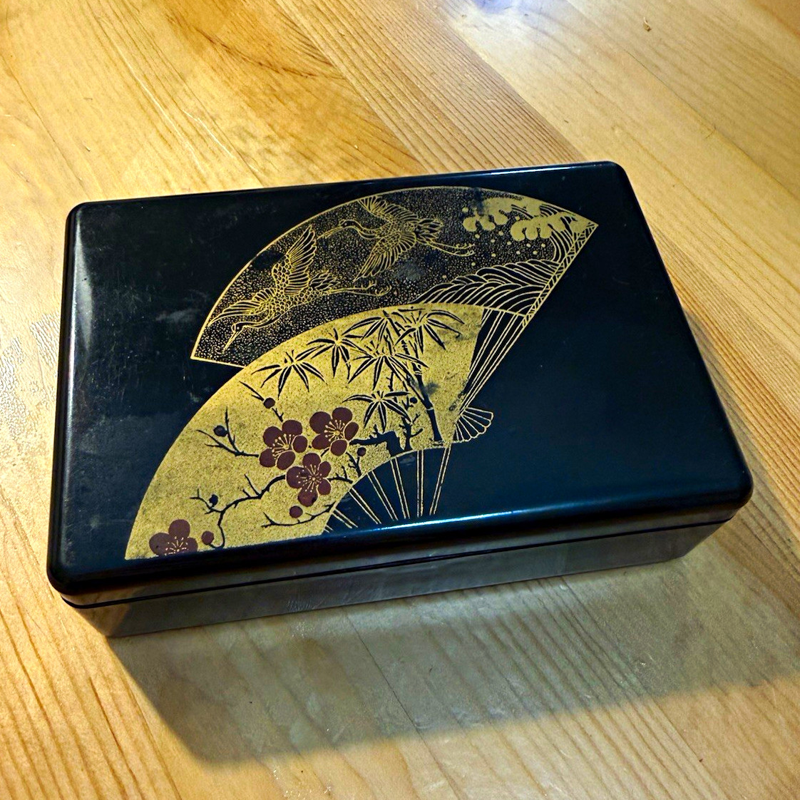 Black/Gold Hinged Jewelry Box Foam Lined Compartments Asian Fan Floral 3pc