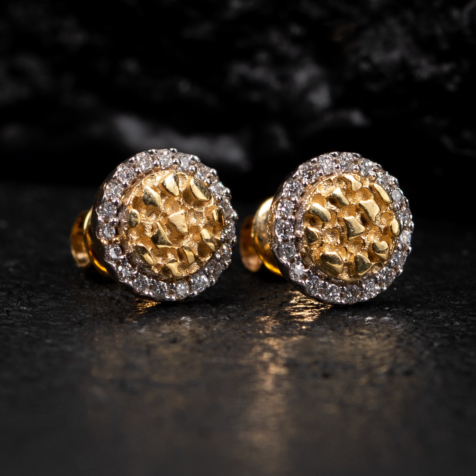 14K Yellow Gold Men’s Two Tone Natural Diamond Round Circle Nugget Stud Earrings