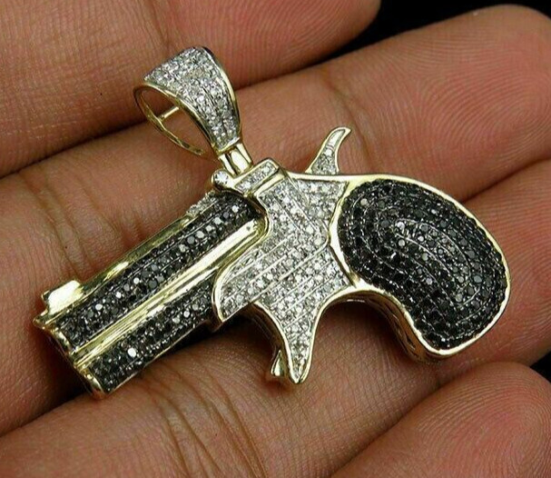 Men’s Gun Charm 2.19ct Cubic Zirconia Pendant 14k Yellow Gold Plated Silver