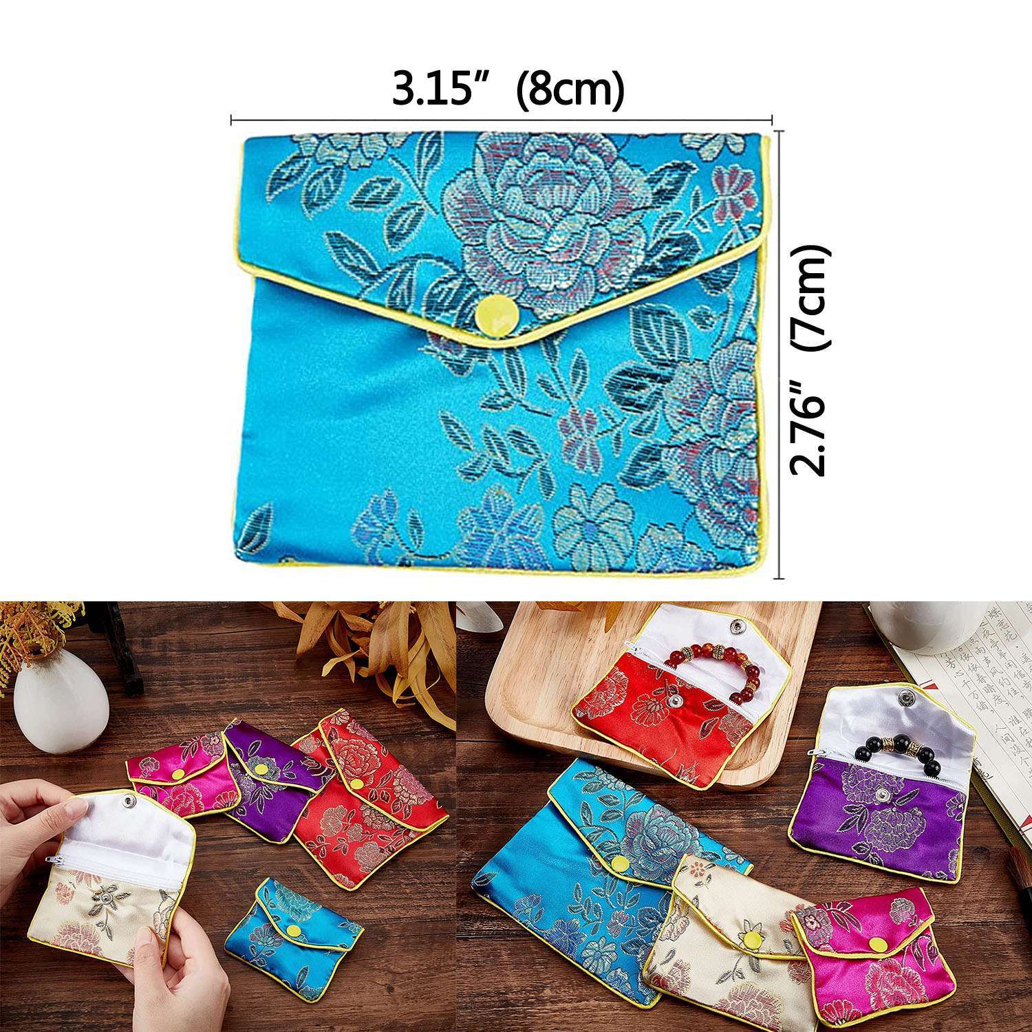 12 Fancy Silk Chinese Jewelry Purse Pouches with Zipper Gift Bag Pouch 3″ x 3.9″