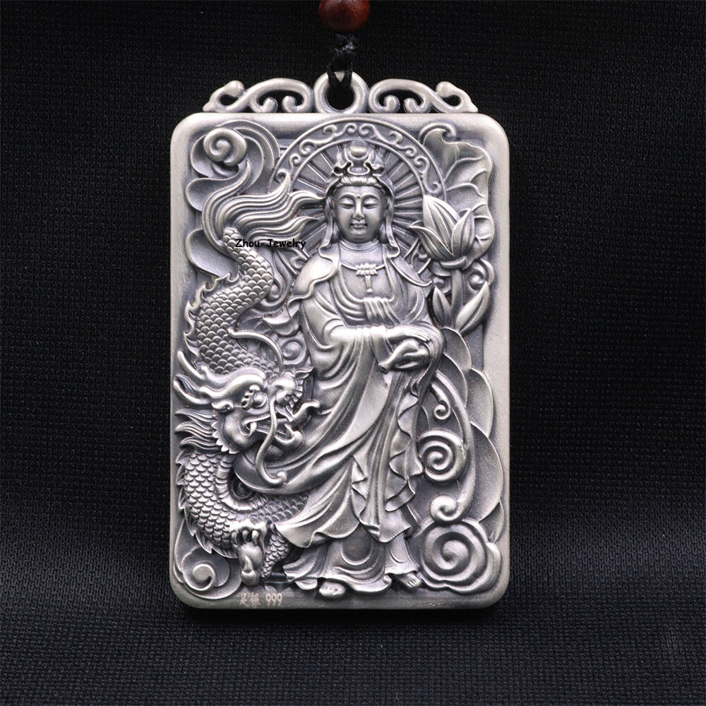 Pure S999 Sterling Silver Pendant Men Women Guanyin Lotus Pendant 57-58g 67*42mm