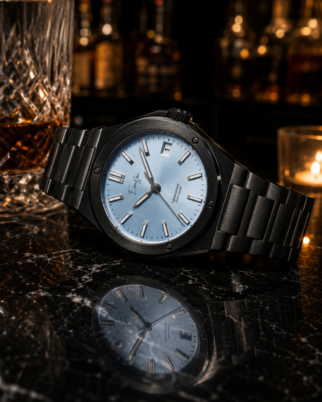 Custom Élan Noir Day-Mark Auto NH35 Watch Light Blue Dial Sapphire Steel 41mm