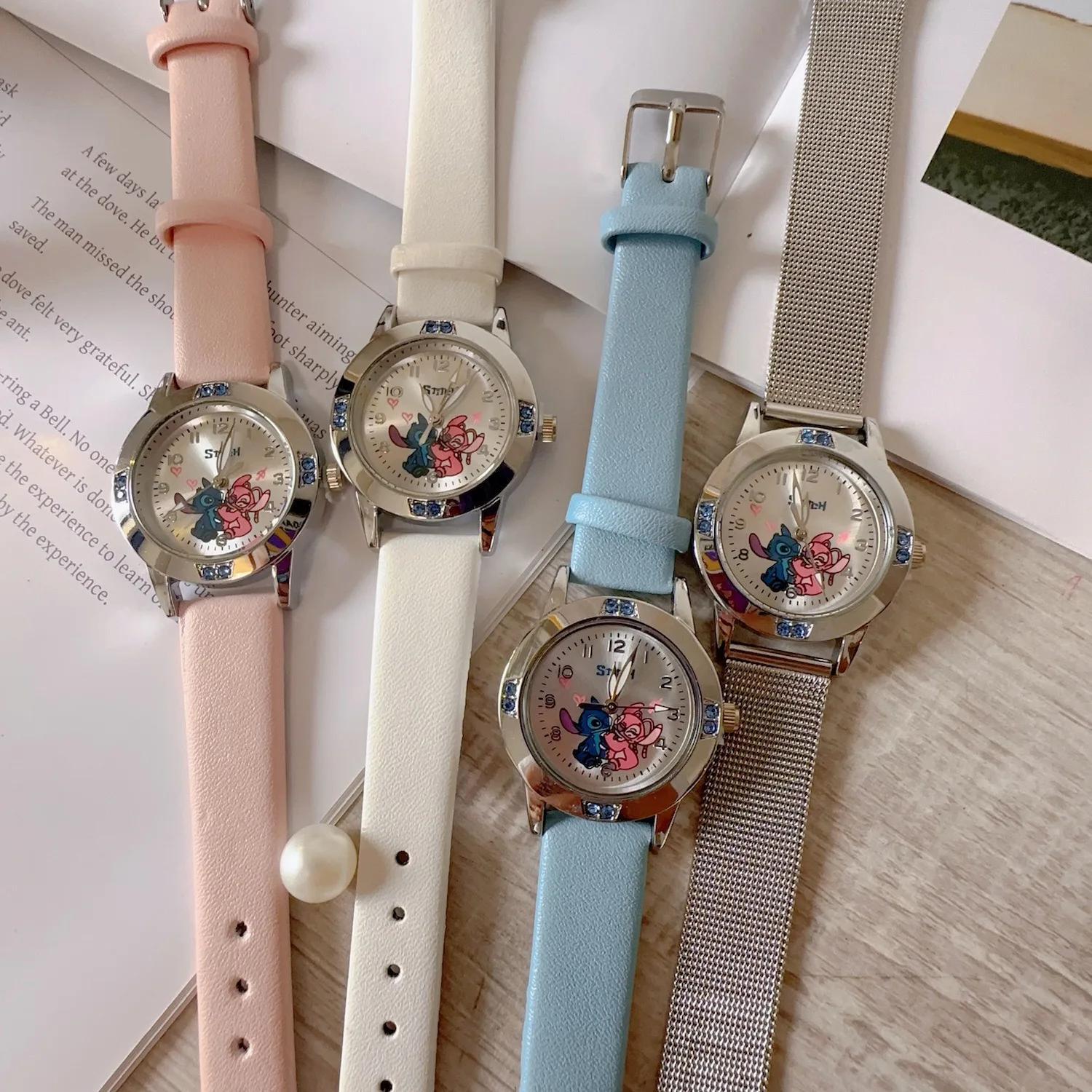 Disney Stitch Watches Diamond Quartz Watch for Women Stich Cartoon Leather Wrist