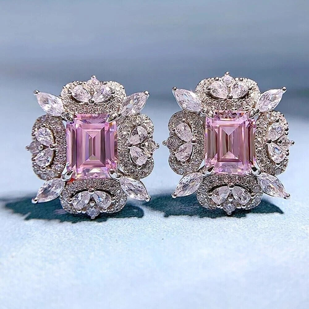 4.50Ct Emerald Cut Lab-Created Pink Sapphire Stud Earrings 14K White Gold Plated