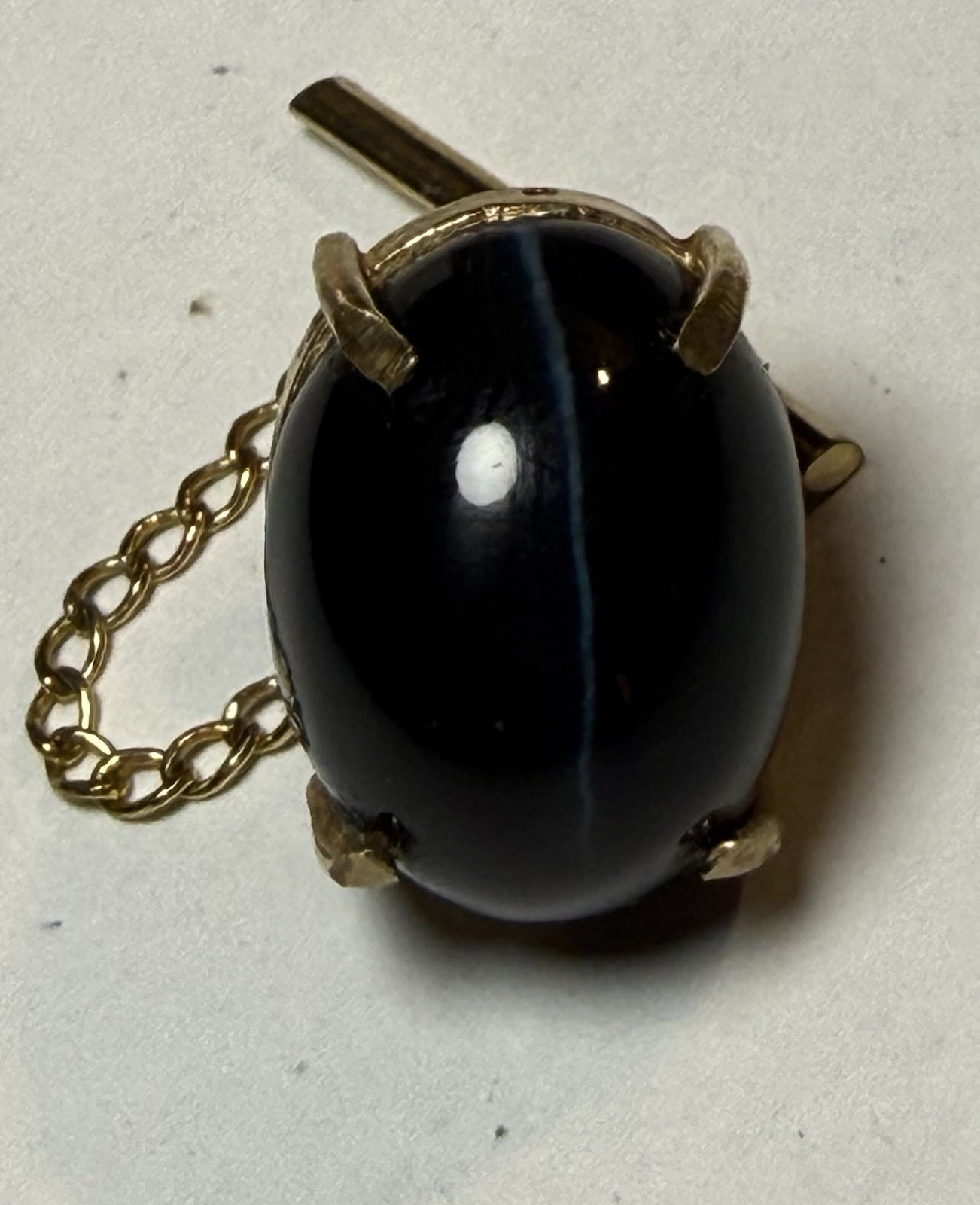 Men’s 1/5 10k Yellow Gold Tie Tack w/ Chain, Oval Black stars sapphire