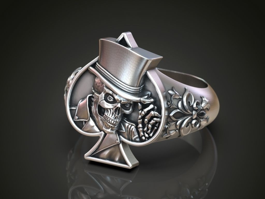 Oxidized Men’s Skull Playing Card Spades Hat 925 Sterling Silver Statement Rings