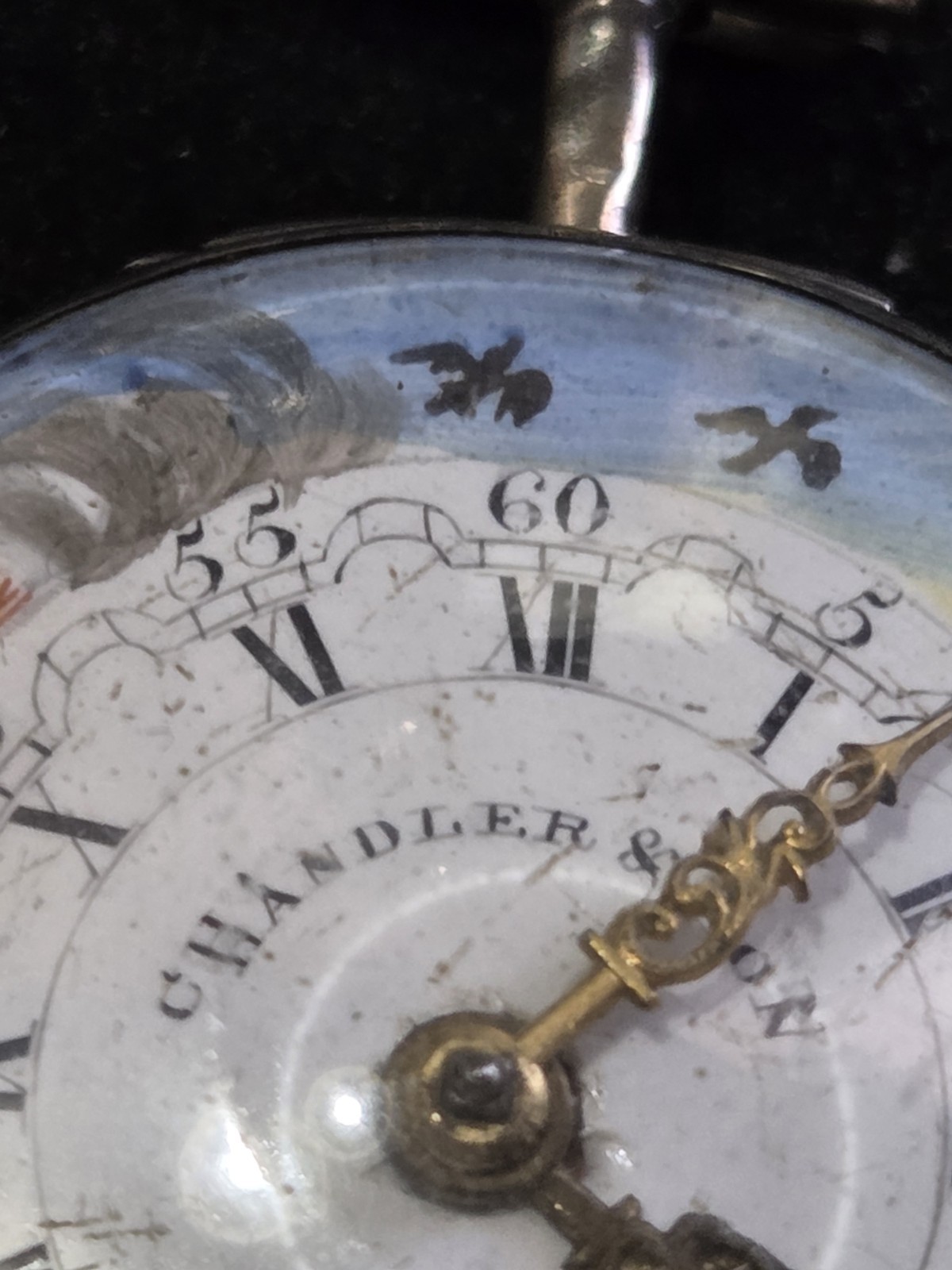BRITISH VERGE FUSEE POCKET WATCH ENAMEL HUNTING SCENE 47MM CASE CHANDLER LONDON