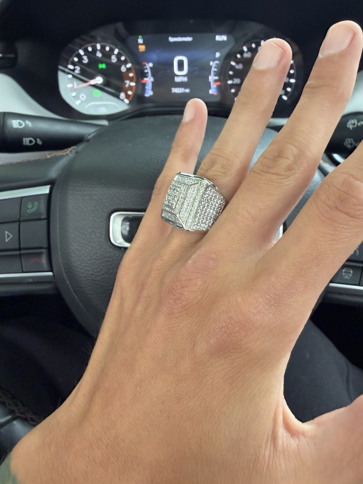 Men’s Silver-Tone Square Pavé Diamond Signet Ring Size 10 White/Colorless