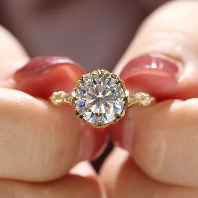Art Deco Vintage Style Round Cut Lab Created Diamond Engagement Ring 14K Gold FN
