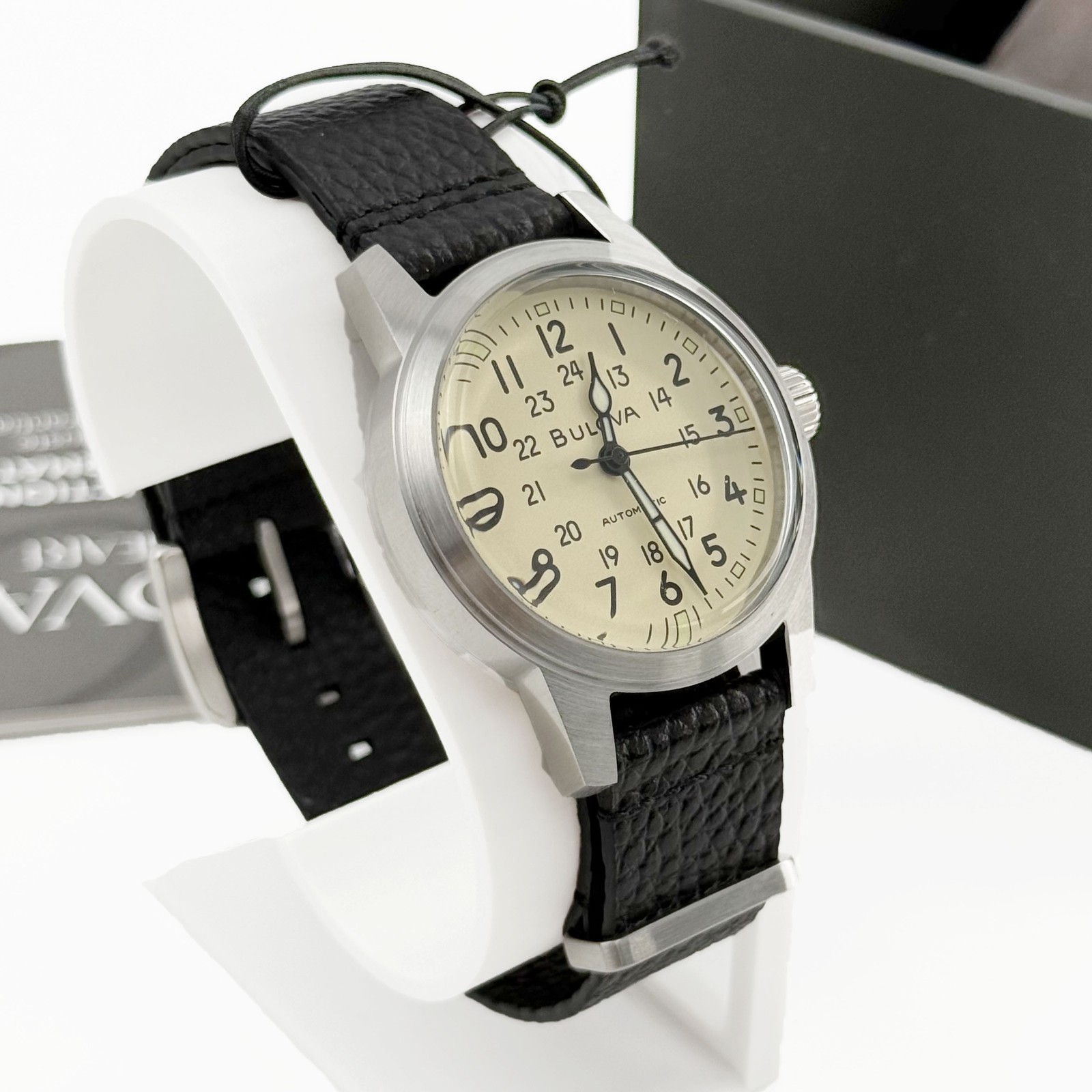 Bulova Hack 96A246 Men’s Watch Ivory Dial Automatic Black Leather Strap 38 mm