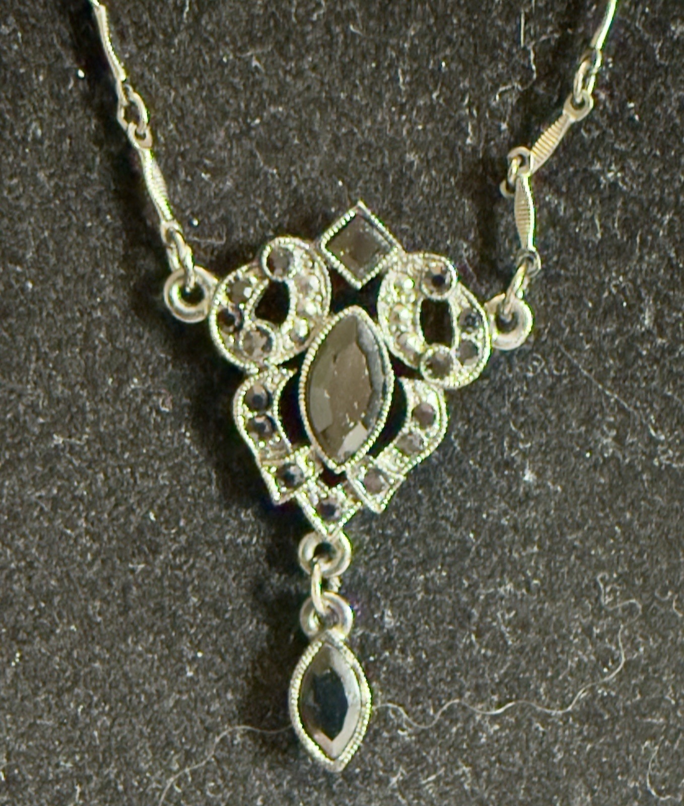 VTG 1928 Jewelry Co Black Rhinestone Marquise Y Drop Necklace Gunmetal Gothic