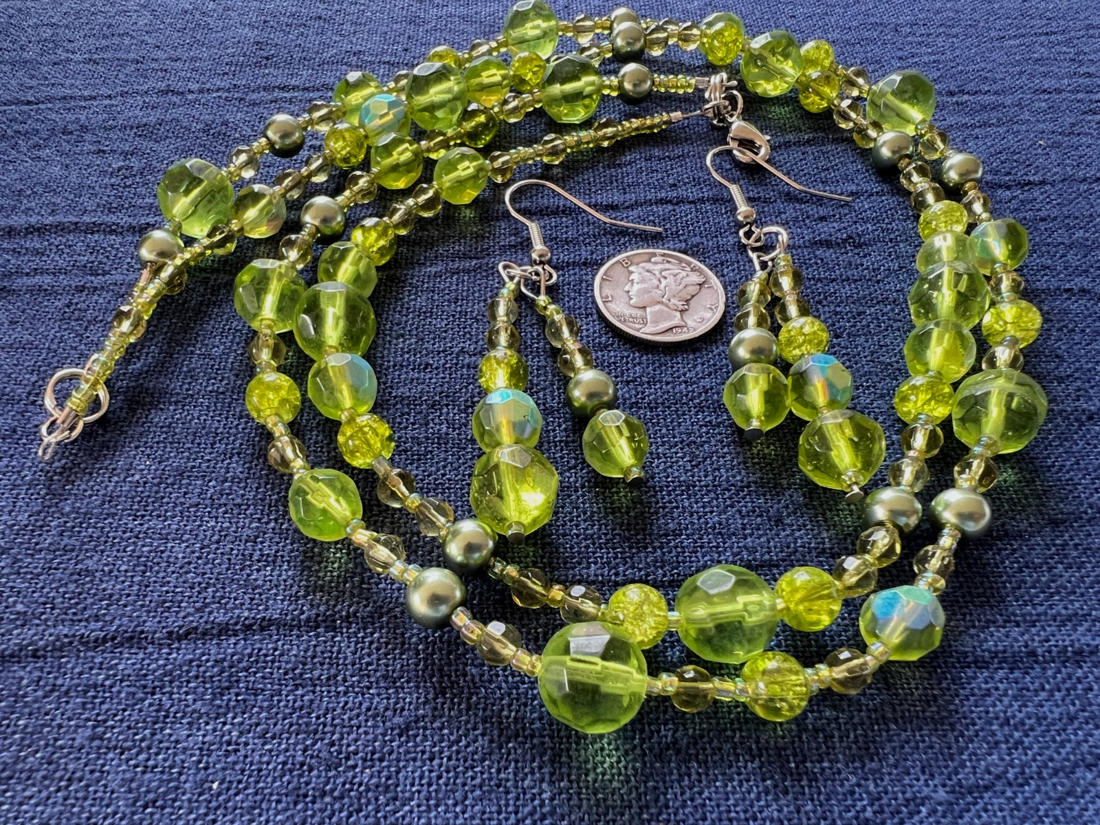 Beaded 2 Strand Necklace 17 1/2 Inches Dangle Earrings Glass Beads Pastel Green
