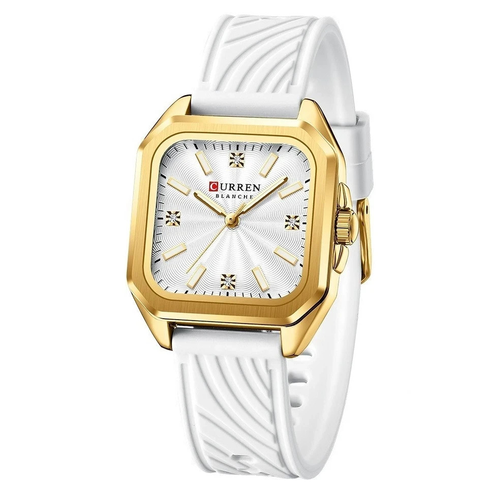 CURREN Womens White Leather Watch Gold Square Case Quartz 3ATM 30mm