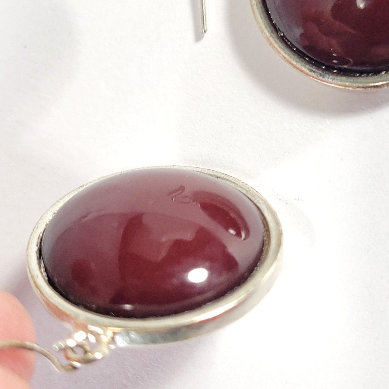 Burgundy Cabochon Drop Earrings Silver Tone Round Polished Classic Jewelry