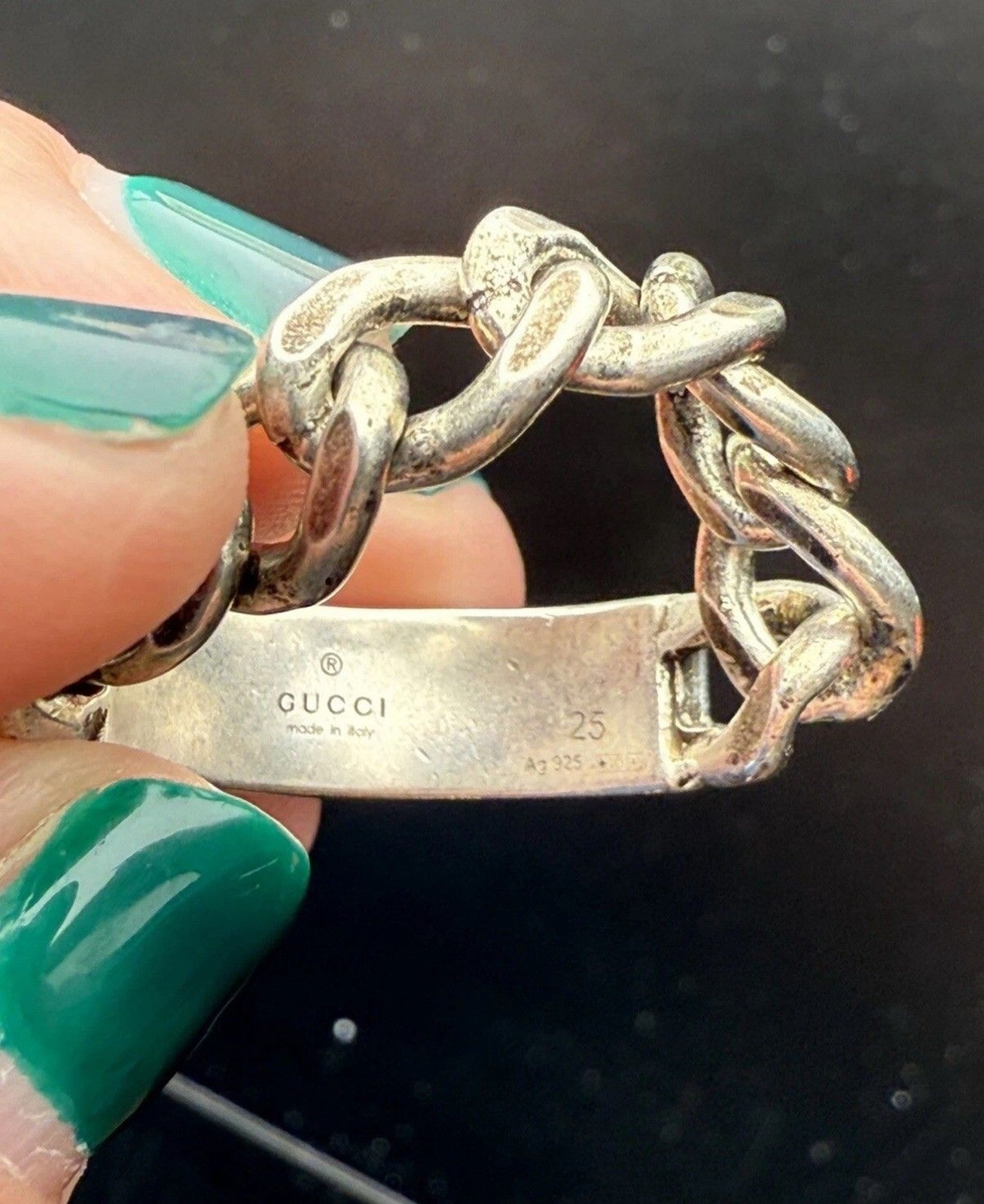 Gucci Logo Sterling Silver & Enamel Plaque Chain Ring Unisex Size IT25 US 11 NEW