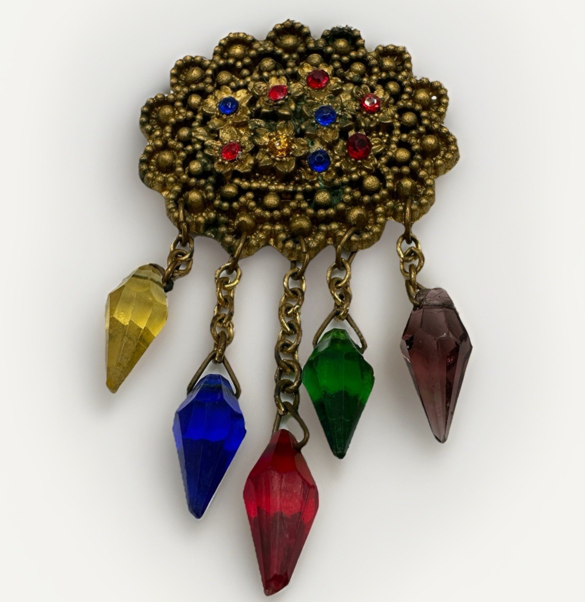 Vintage Resin Dangle Brooch Multicolor Faceted Glass Drops Gold Tone