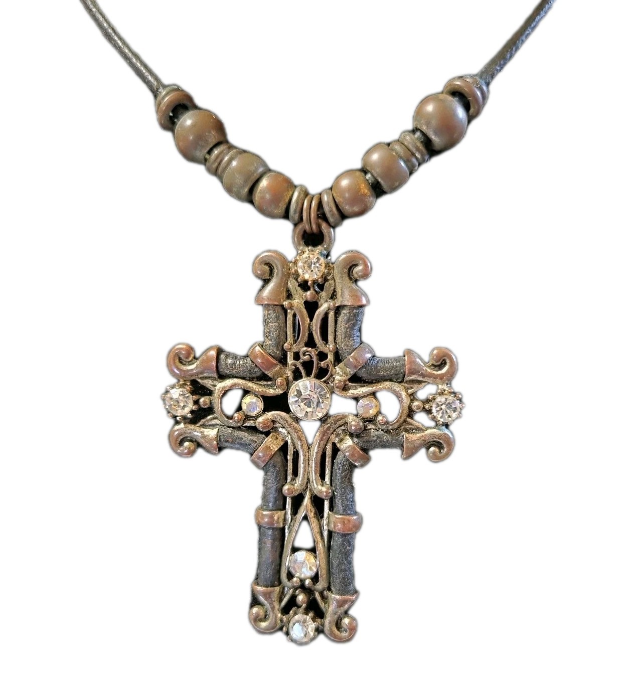 Large Cord Metal Rhinestone Cross Necklace Choker Silver & Copper Tone Bling