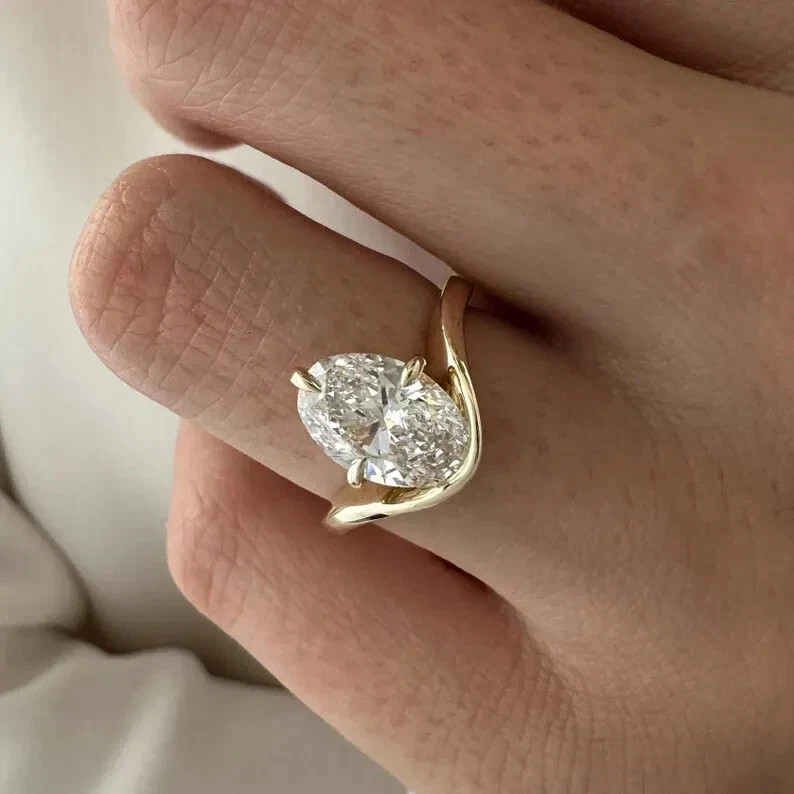 Women Diamond Ring Lab Grown 2 Ct Oval Cut 14k Yellow Gold IGI Certified VVS E F