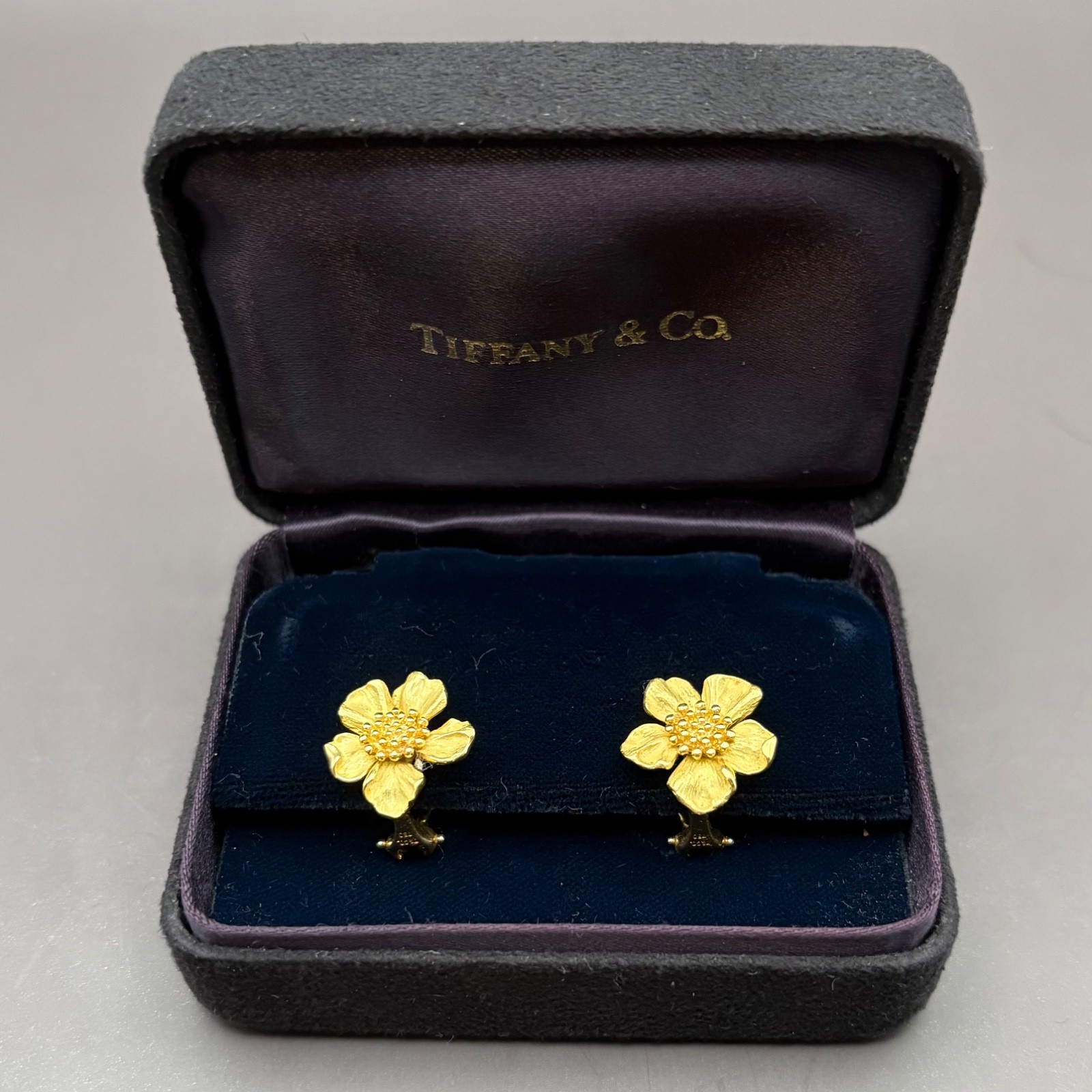 Tiffany & Co. 18K Gold Dog Rose Flower Earrings w/ Case Pouch and Box