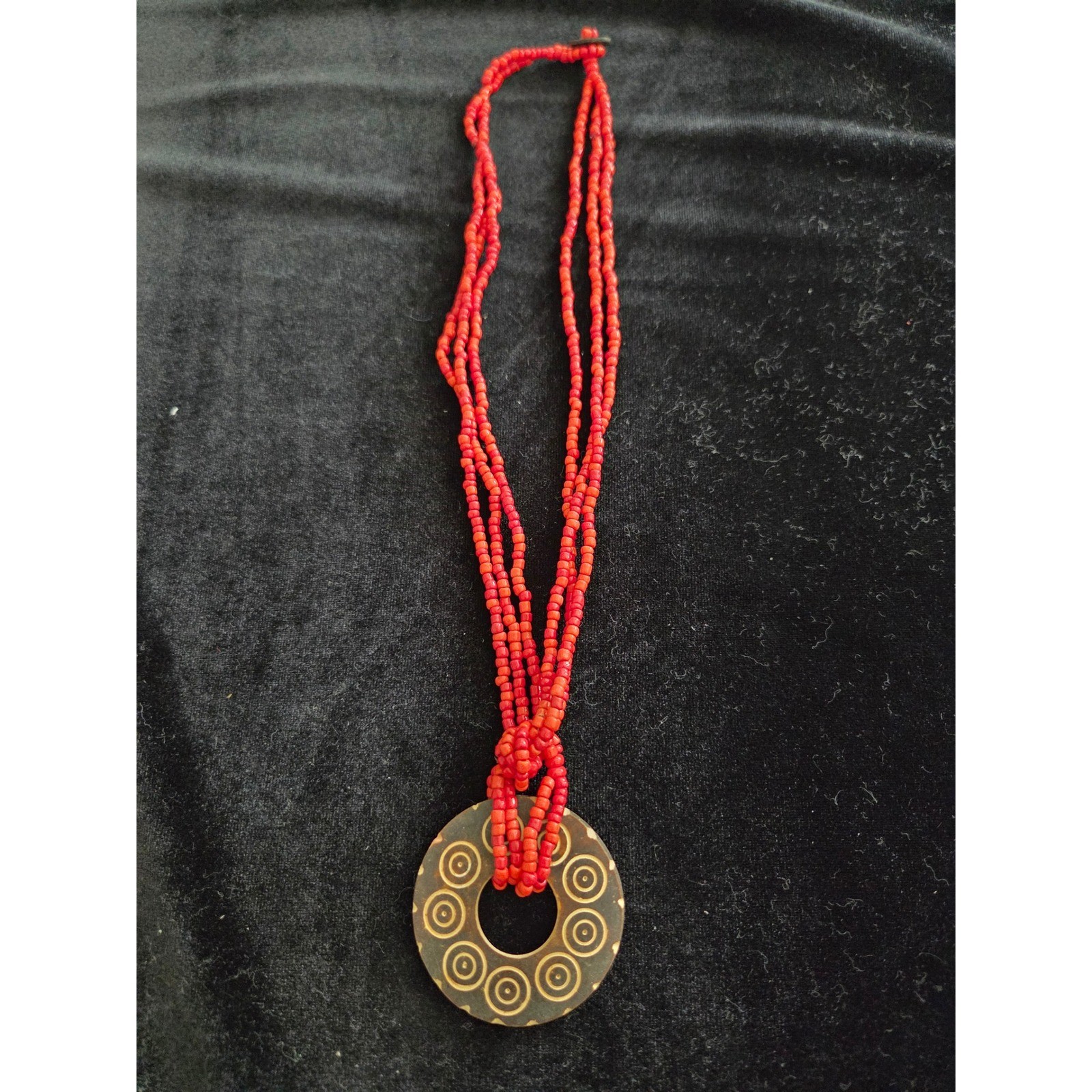 Triple Strand Red Coral Seed Bead Necklace Etched Circle Horn Pendant Boho Beach