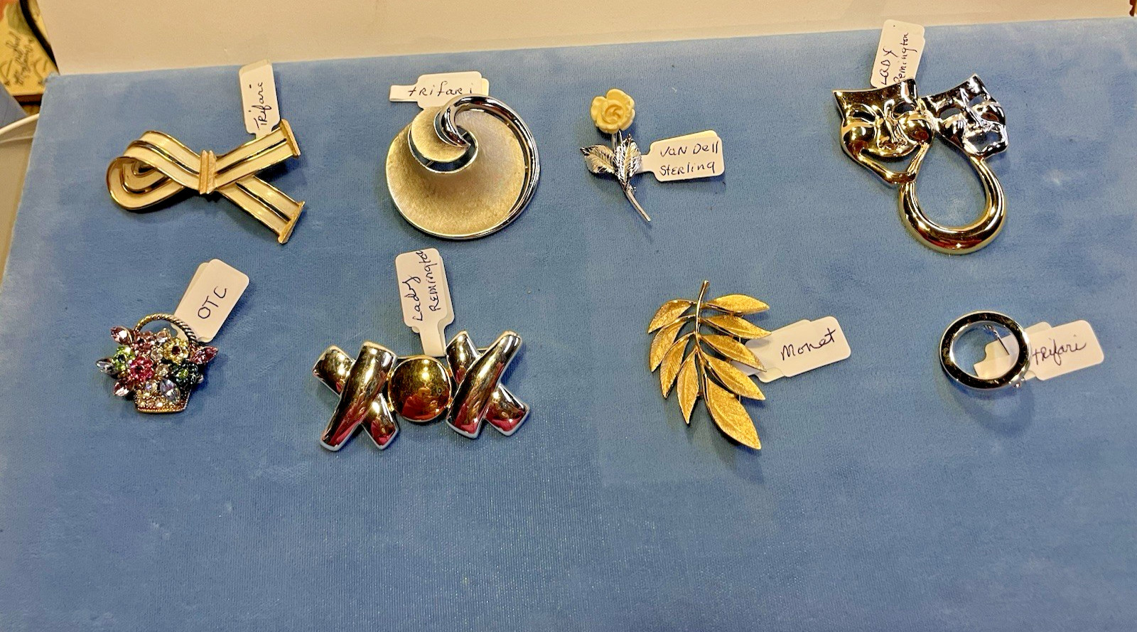 Vtg Lot 8 Pins Brooches Monet,Trifari, Van Dell (Sterling), Lady Remington, OTC