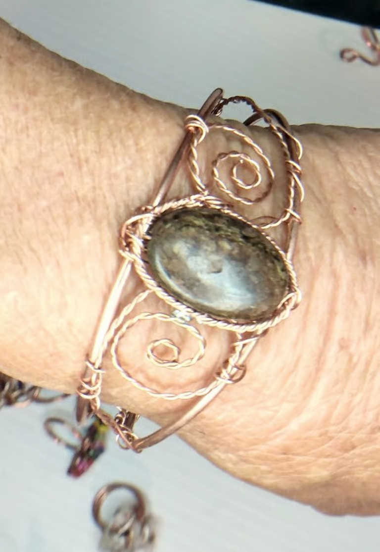Bracelet Bronzite oval stone bangle, handmade copper bangle item #8052