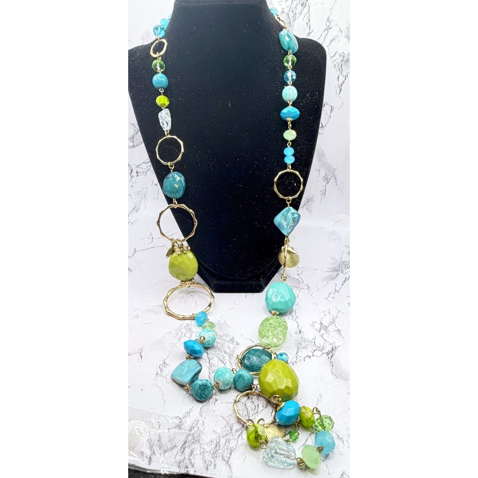 Chico’s Boho Chunky Beaded Statement Necklace Aqua Lime Gold 40″