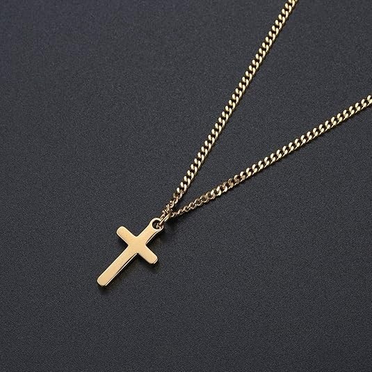 Collar de cruz chapado en oro de 14 quilates para hombre, cadena Figaro de acero