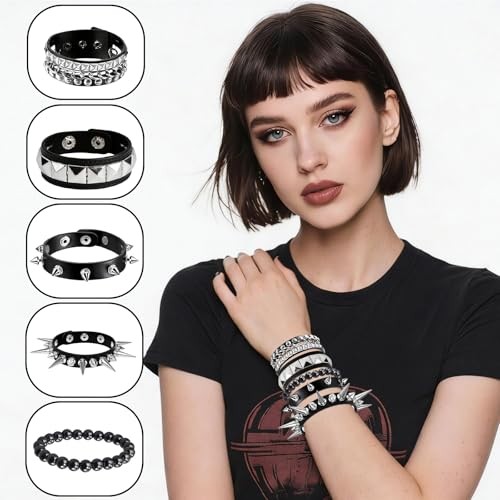 5 Pcs Spiked Bracelets Black Studded Cuff Punk Jewelry Adjustable Gothic Emo Alt