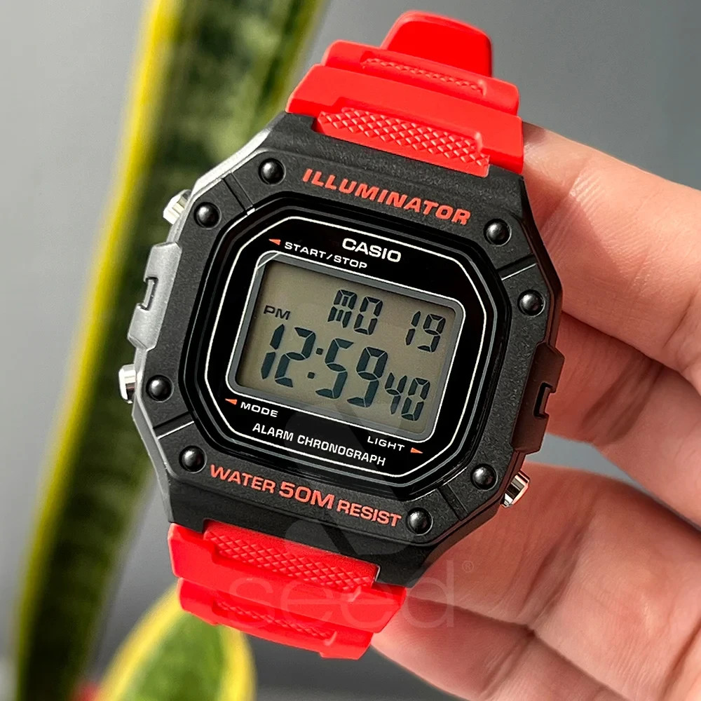 Casio W-218H-4BV Men’s Red Resin Band LED Backlight 50M WR Stopwatch Alarm