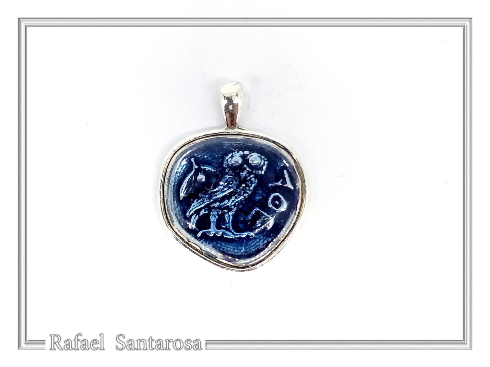 Owl coin pendant enamel oxidized silver Athena’s tetradrachm museum replica