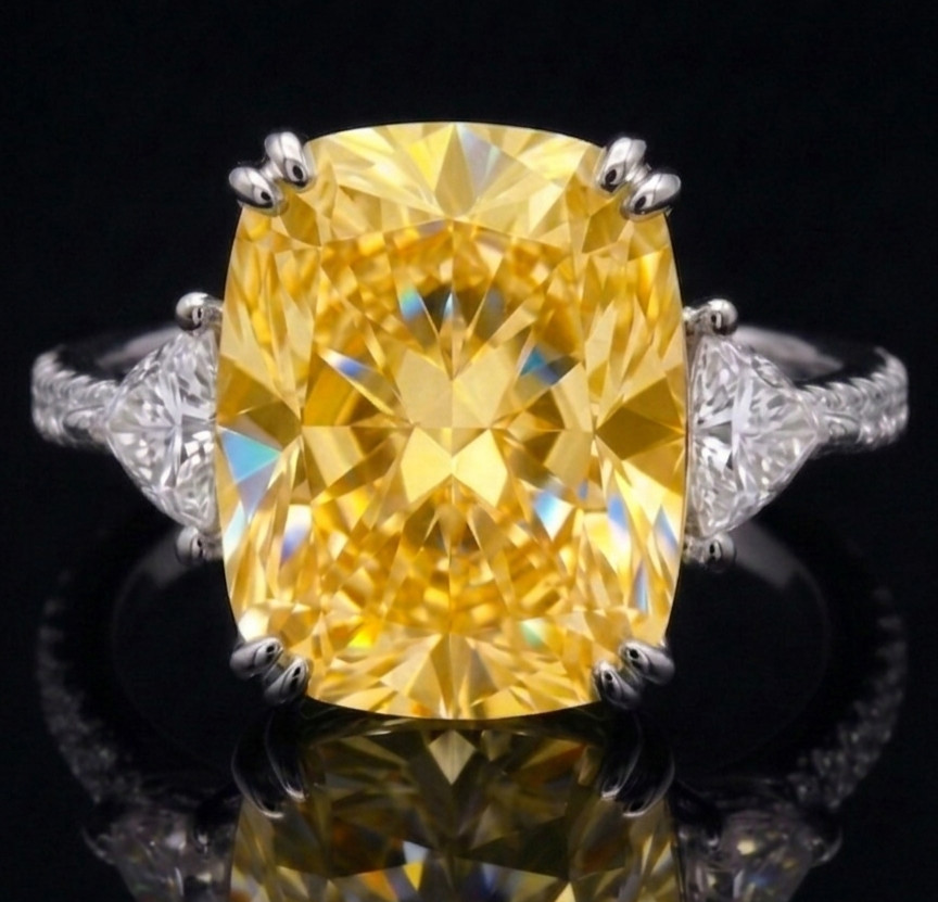 RARE 8.00 Ct Certified Cushion Cut Yellow Natural Diamond Ring White Gold Finish