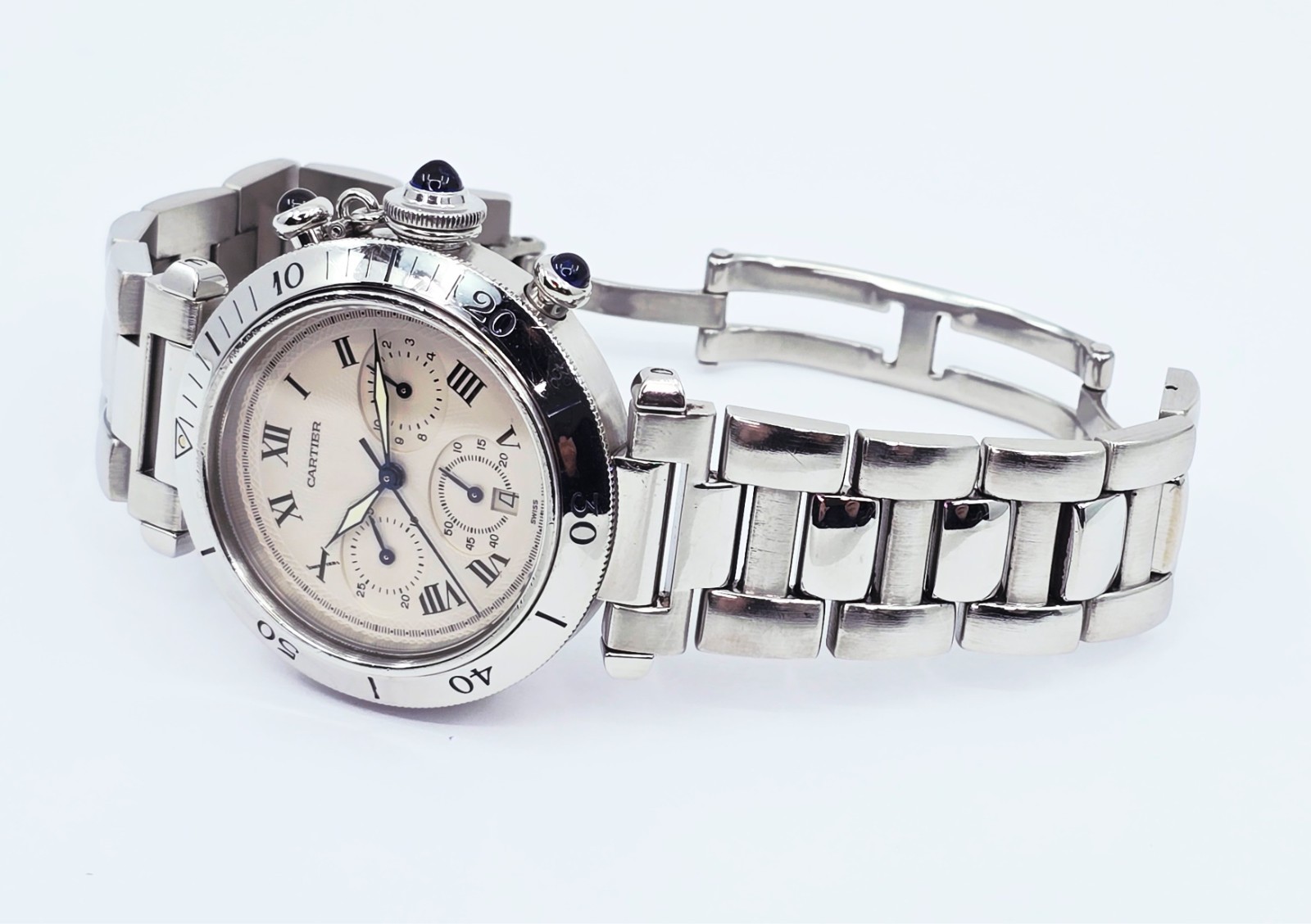 Cartier Pasha De Cartier Chronograph Quartz 38mm Stainless Steel Watch Ref 1050