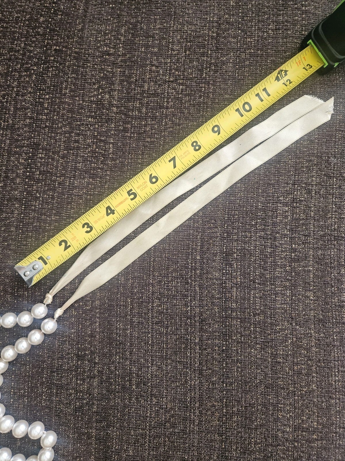 White Faux Imitation Pearl Beaded Necklace, Adjustable Ribbon Tie, 32 in