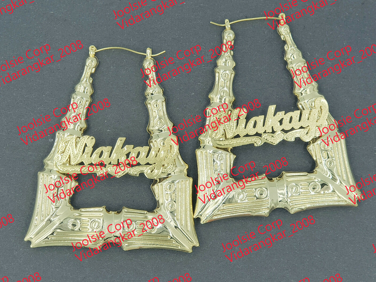 PERSONALIZED 14K GP 3″ (LARGE) TRIANGLE BAMBOO DOOR KNOCKERS ANY NAME EARRINGS