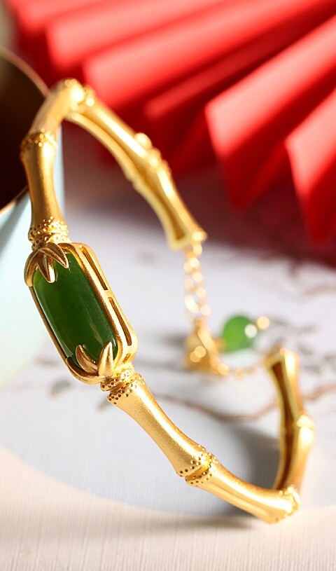 I03 Bamboo Bracelet with Green Jade Sterling Silver 925 Gold Plated