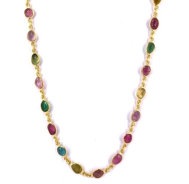 Multi Tourmaline Handmade Gold Polish 925 Sterling Silver Necklace 18″, Gift Her