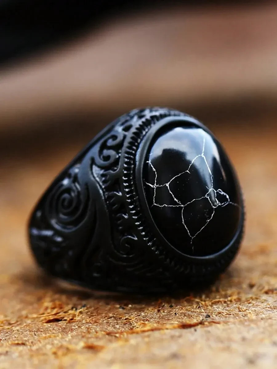 1Pc Men’s Vintage Black Stainless Steel Ring | Resin Stone Fashion Jewelry Gift