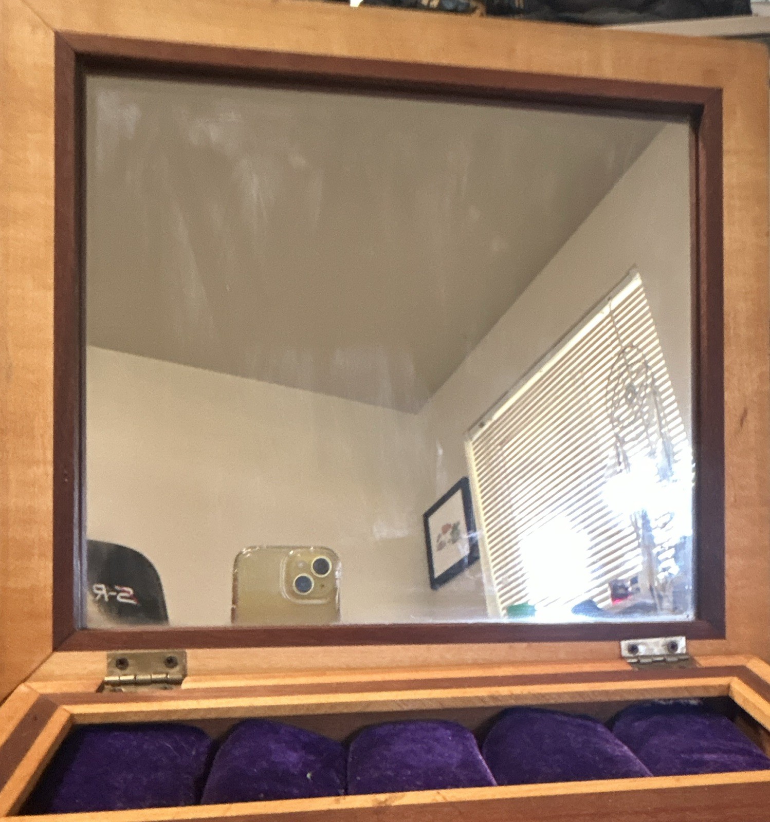 Wood Jewelry Box w/ Mirror Lid, Purple Velvet Lining, Ring Rolls & Drawer