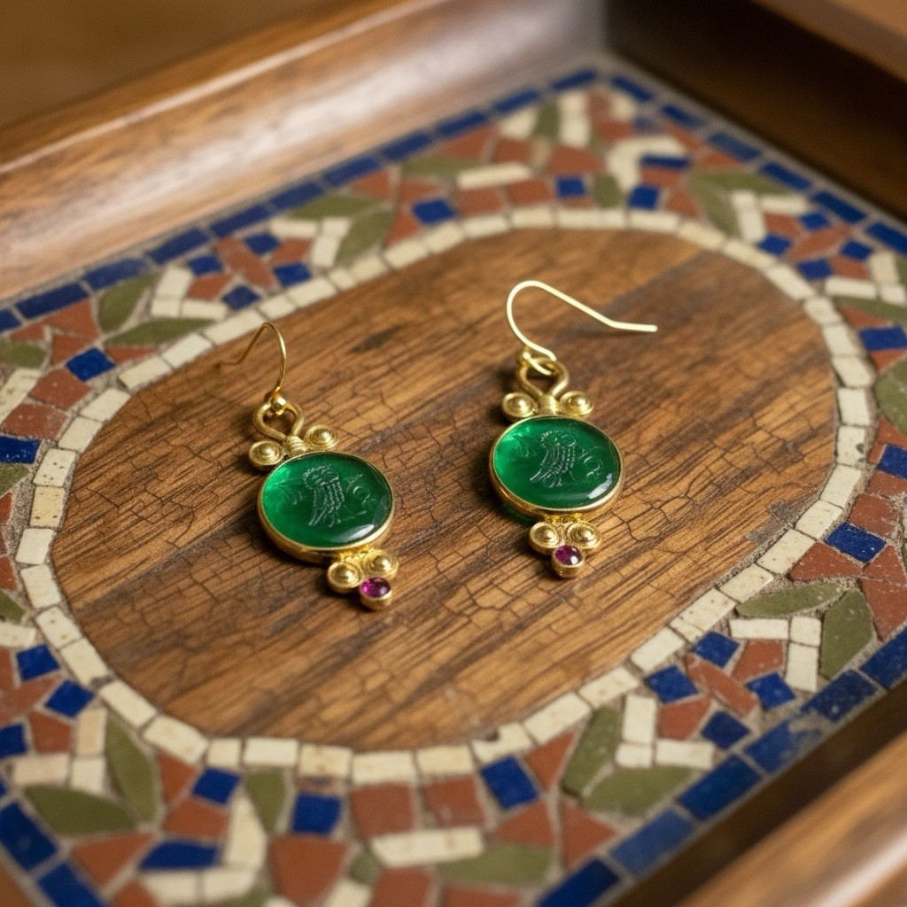 Museum Intaglio Owl Earrings Bird Gold CZ VTG Ancient Greek Antique Boho Carved