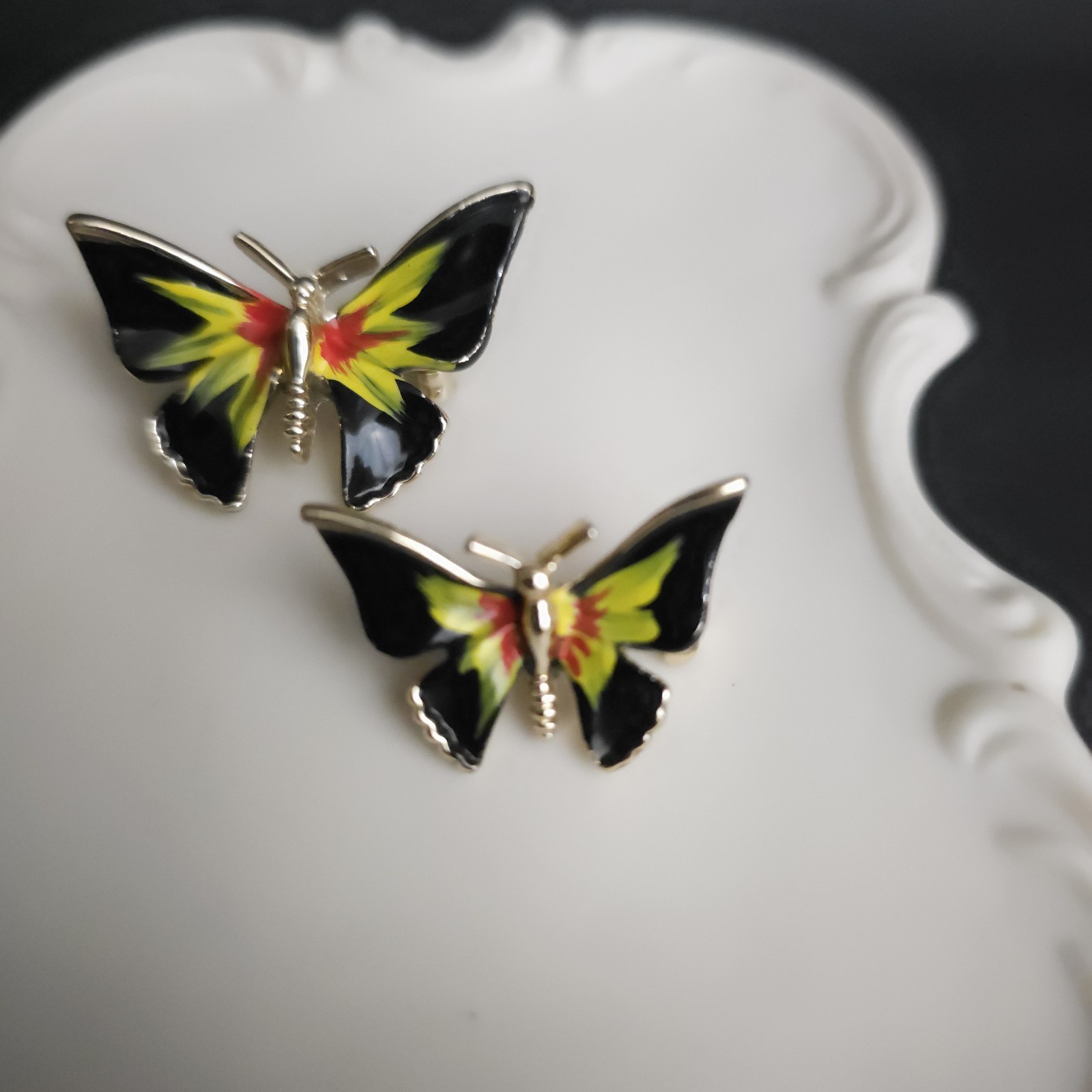 Vintage Black Yellow Red Enamel Butterfly Scatter Pins Brooch Set 2 Whimsy Fairy