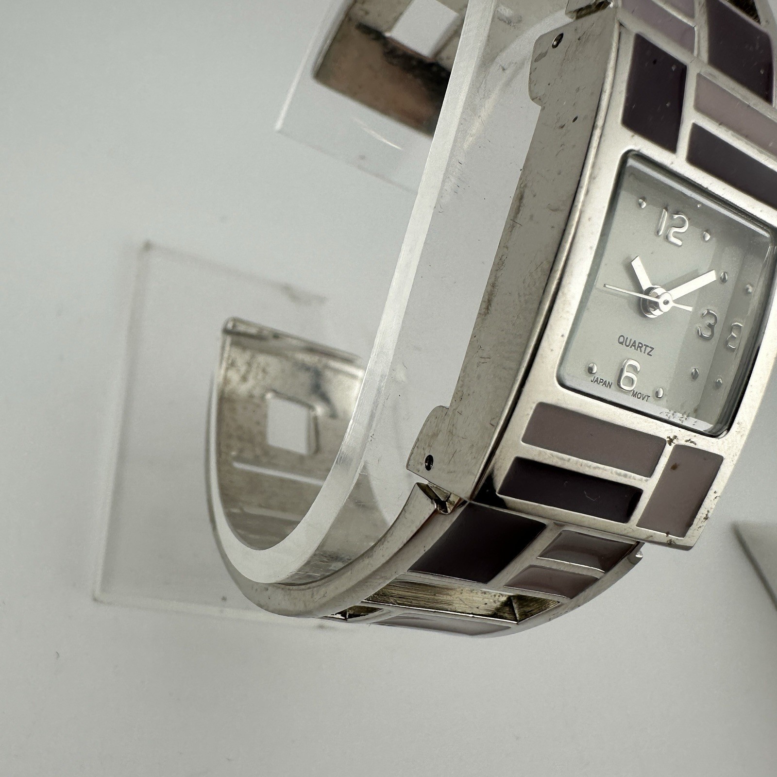 Avon Shades of Violet Silver Tone Cuff Watch with Purple Shades, Has New Battery