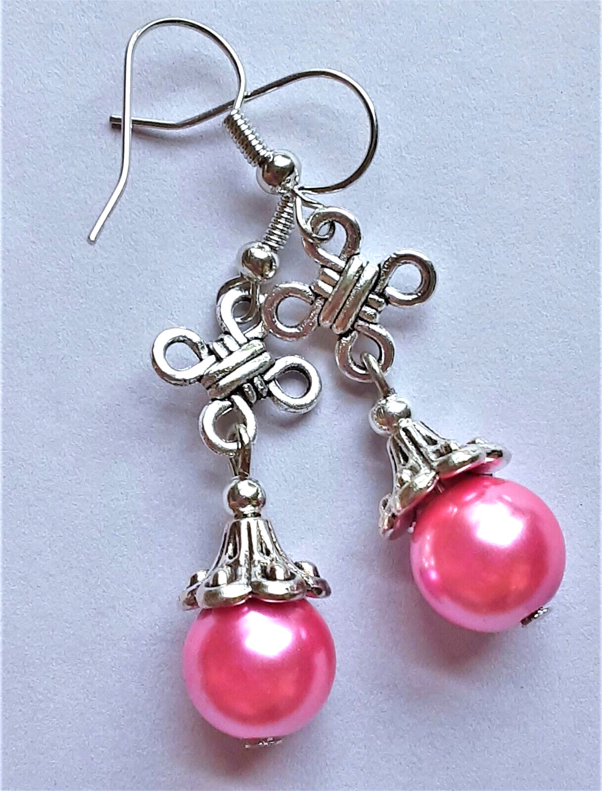 PINK CELTIC KNOT GLASS PEARL drop earring SP FISH hook WPGH15