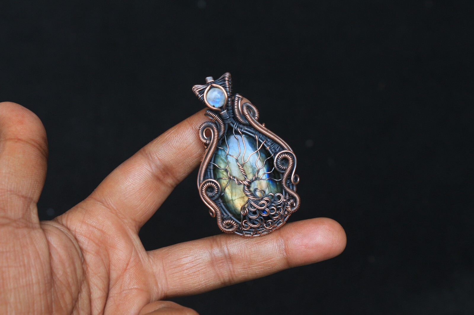 Yellow Fire Labradorite Copper Wire Wrap Tree Of Life Pendant Jewelry Gift NK547