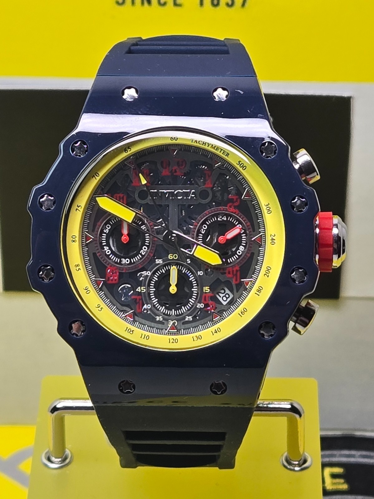 Invicta Racing Valyron Dark Blue/Yellow/Red 43.5mm Men’s Watch w/ Black Dial NEW