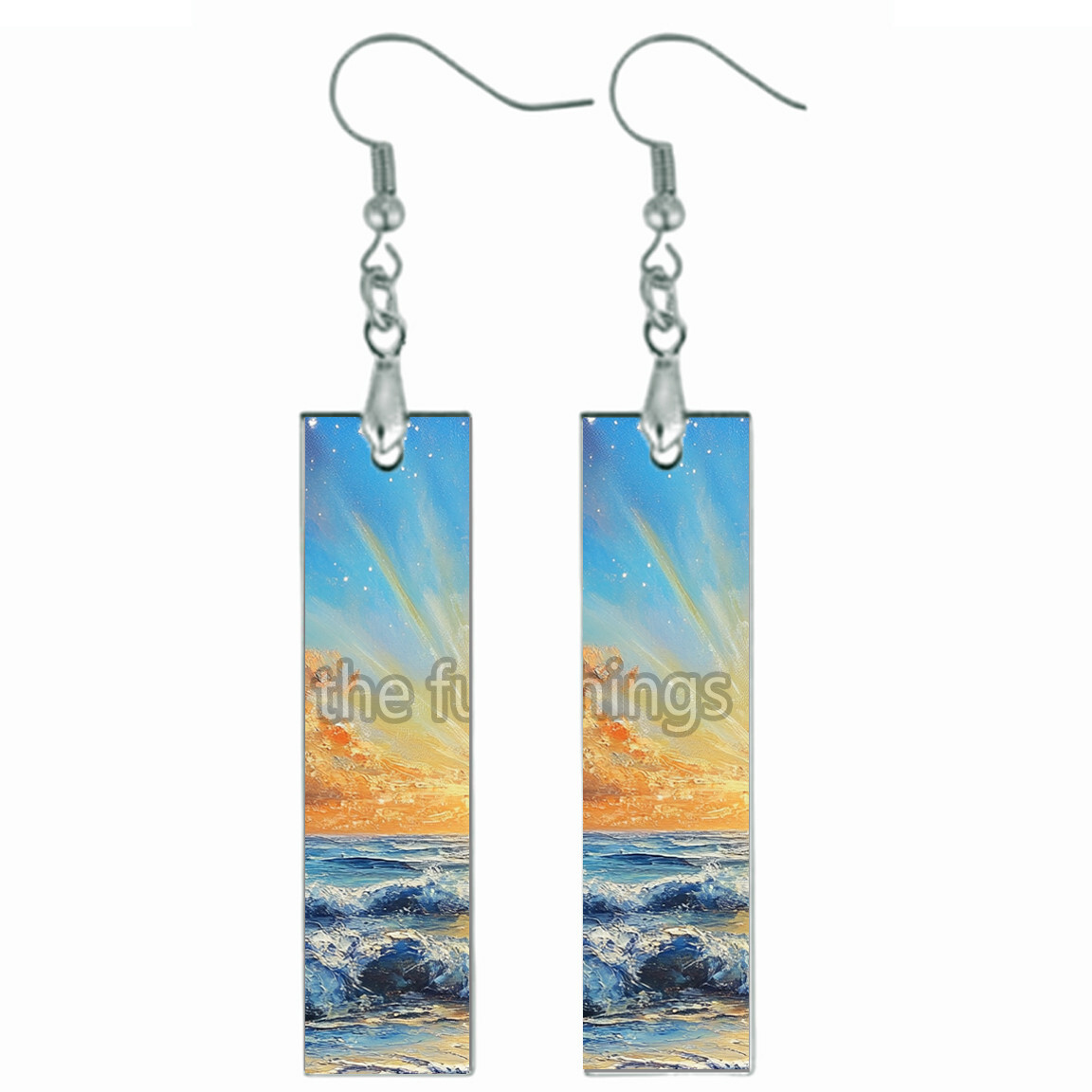 Nautical Ocean Waves Sunrise Coastal Tropical Beach Dangle Bar Earrings