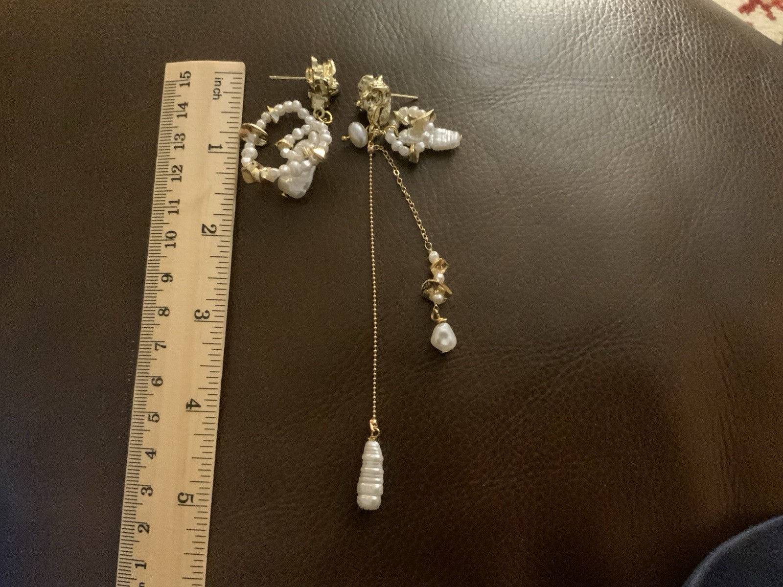 Anthropologie Pearl Hoop Mismatch Molten Earrings Nugget Gold Stud Bead Chain